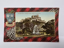 Vintage Fraser Clan Tartan Postcard Edinburgh Castle and Ross Fountain
