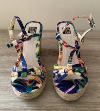 Debenhams Womens Wedge Sandals, UK 5, Navy Multi Colour, Buckle Heel Strap, VGC