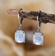 White Fire Opal  Rectangular Lever back Sterling Silver Earrings FREE BOX (029)