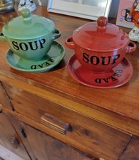 Soup Mugs With Saucers For Bread Vintage Retro Rustic Kitchen Ware