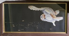Completed large Framed Embroidery Needlework of a Owl In Flight Art MCM Retro