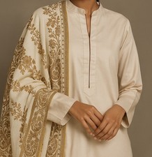 Gul Ahmed Wool Jacquard Shawl With Marina Linen Dress With Shalwar New Brand