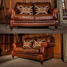PAIR of VICTORIAN STYLE CHESTNUT TAN ANTIQUE LEATHER CHESTERFIELD 2 SEATER SOFAS