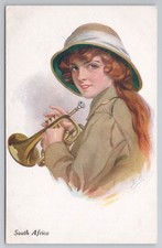 c1910s South Africa Military Glamour Postcard Lady with Bugle Pith Helmet