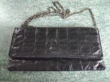 Etui London Genuine Leather Mock Croc Black Clutch/Crossbody Bag With Chain