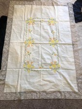 1920s Cross Stitch Yellow Floral w/ Lace Edge Handmade Heirloom Tablecloth 50x70