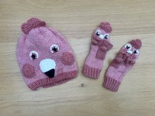 FatFace Deep Pink Rose 'Flamingo' 2 in 1 Winter Gloves & Beanie Hat, 3-6 years