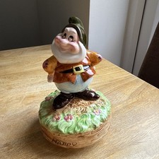 Walt Disney Happy Music Box Musical Schmid Vintage Snow White 7 Dwarfs Ceramic
