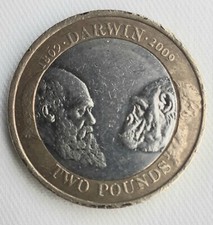 RARE COLLECTIBLE CHARLES DARWIN 2 POUND COIN - CIRCULATED-(WITH MINTING ERRORS)