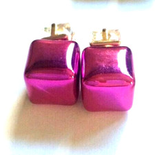 Hot Pink Coloured Cube Shaped & Clear Square Glass Stud Earrings.