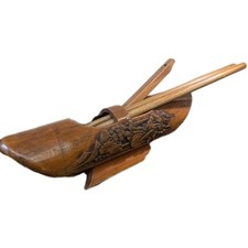 Antique Chinese Hand Carved Bamboo Low Vase Brush Pot Style + Wooden Flute A18