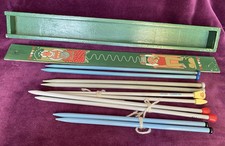 Vintage Wooden Folk Art Style Knitting Needle Box +  5 Pairs Of Knitting Needles