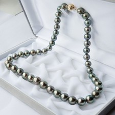 8-11mm Round Gray Green Tahitian Pearl Strand Necklace 14K Yellow Gold Clasp,18"