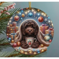 Chocolate Cockapoo Christmas Tree Ornament, Ceramic Double-Sided Print, Gift Bag