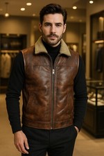 Men's Brown Sheepskin Leather & Real Shearling Fur Gilet Vest Jacket XXS - 6XL