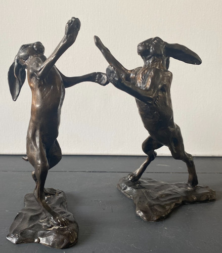 Solid bronze boxing - boxing, hares
