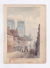Early small Victorian watercolour of York streetscene of Bootham & York Minster