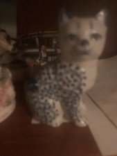 Vintage Porcelain Cat Figurine White and Blue Made In China