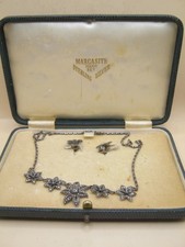 Antique / Vintage Marcasite Necklace & Clip On Earring Set In Original Box
