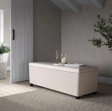 The White Company Langley Ottoman Natural Linen Blend Dark Oak Legs Storage