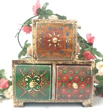 Indian Wooden Box Jewellery Chest 3 Drawers Storage Hand Craft Painted Bohemian