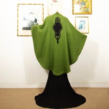 Vintage 1960s Green Mohair Wool Blend Maxi Boho Cape With Collar And Embroidery