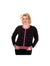 Banned Retro Cardigan Size S Black Dusky Pink Flamingo Embroidered
