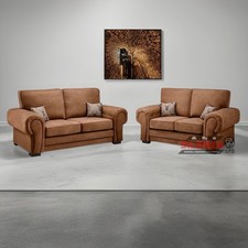 New Verona 3 2 Seater Corner Sofa Set Leather Suede Tan Brown Full-back
