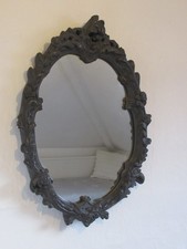 Vintage Baroque Rococo Style Ornate Black Framed Oval Shaped Small Wall Mirror