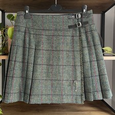 House of Bruar Short Tweed Kilt 14 Green Mix Tartan Check Wool Mini Skirt Unworn