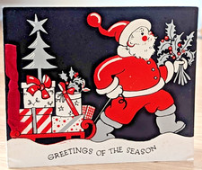 Vtg 1940's Santa Father Christmas Presents Gifts Sleigh Greeting Card (EB10445)