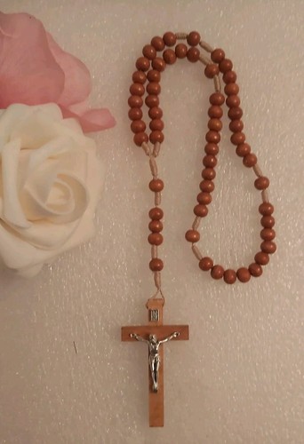 Brown wooden corded rosary - brown, new