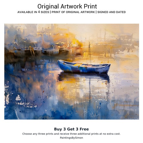 Blue row boat print - blue,