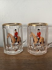 2 Vintage MCM Horses Fox Hunting Gilt Trim 1/2 Pint Tankard Glasses