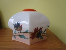 VINTAGE HEXAGON SHAPE MILK GLASS CEILING SHADE WITH EMBSSED LEAF DESIGN - 8" DIA