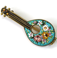 Antique micro mosaic Italian lute guitar brooch