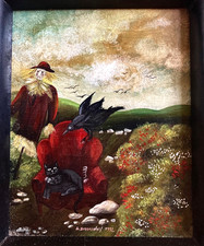 FOLK ART - UNUSUAL NAIVE CONTEMPORARY OIL PAINTING - HALLOWEEN BLACK CAT RAVEN