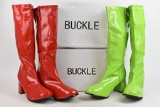 Boxed Buckle Shoes Red & Lime Green Patent Knee High Boots Heels, Size 46 UK 12