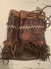 Vintage? Leather Bag Hand Tooled? Drawstring Fringed 29x19cm