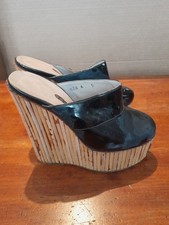Genuine 70's Vintage Sandy Black Patent Platform Wedge Clogs Shoes UK 3 US 5