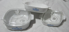 3x Pyrosil Ware 9"  & 7" Cornflower Dishes 2 Lids 1970’s