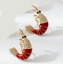 Gold Shrimp with Enamel And Crystal Stud Earrings