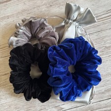3 Large Velvet Hair Scrunchies Black, Mink, Royal Blue Elastic Hair Bobbles UK