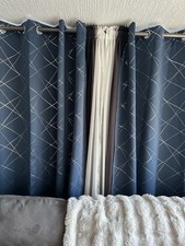 Navy Blue And Silver Patterned Blackout Curtains.