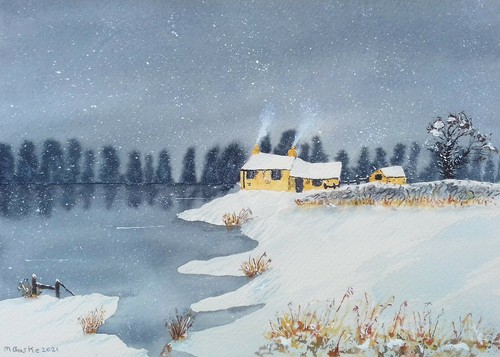 Original watercolour cottages - watercolour,
