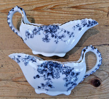 2 Antique Keeling Flora Late Mayers Blue & White Gravy Boats Sauce Dishes