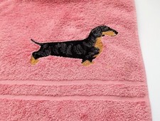 Dachshund Dog Embroidered Bath Towel, Dusky Pink, T14