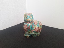 Turquoise & Rose Cloisonne Chinese Cat Figurine - Pre-Owned