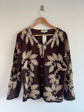 Vintage Brown Beige Embroidered Paisley Sheer Cardigan Shacket Womens Size L/12