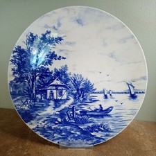 Antique c.1910, English Delft Platter or Wall Charger with Fens Scenes, 30cm